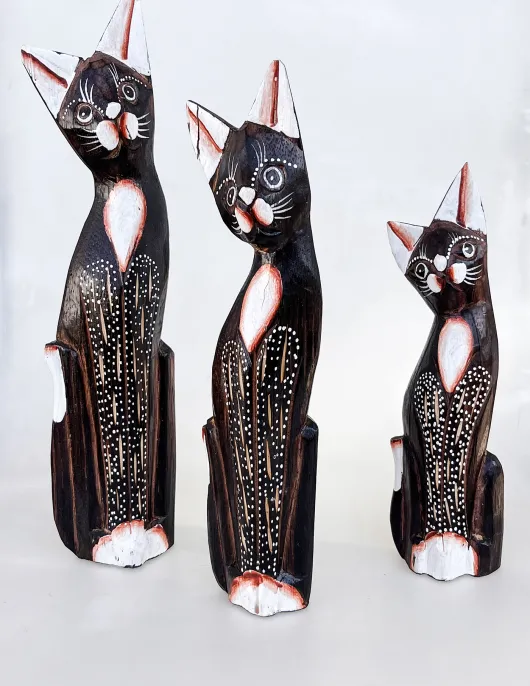 Decorative Wooden Cat Figurine (3 Pcs)